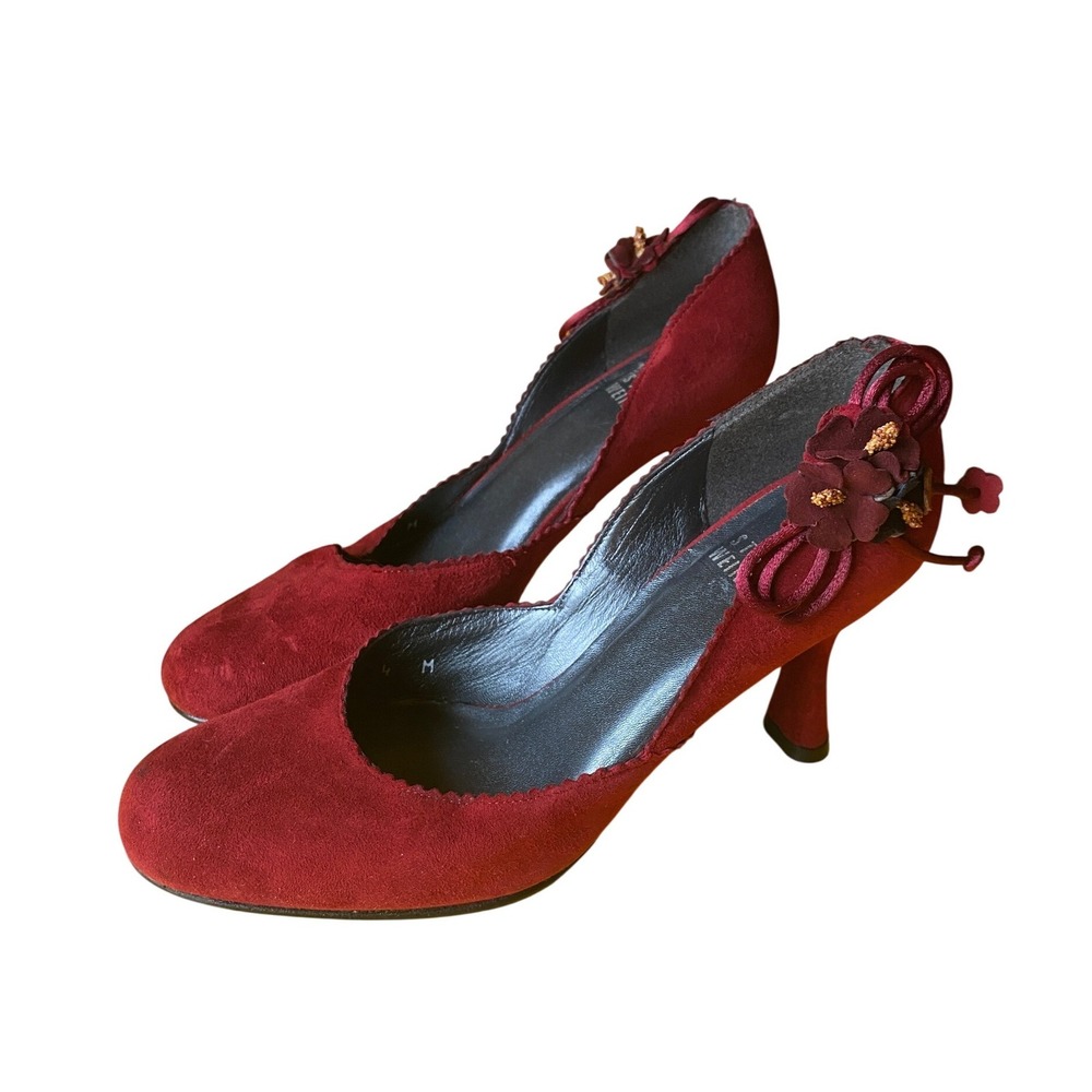 Stuart Weitzman Pumps Suede Floral 4M Burgundy Spain Heels Shoes Coquette Retro